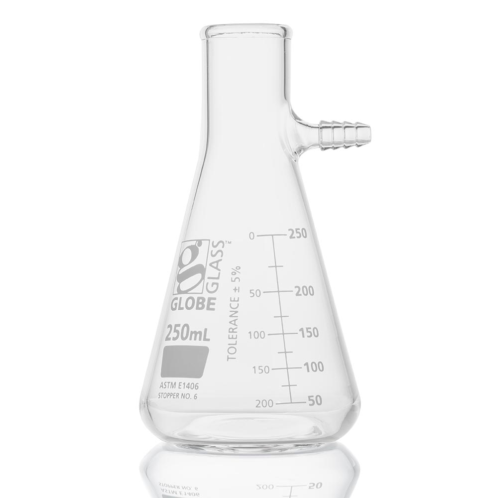 Globe Scientific Flask, Filter, Globe Glass, 250mL, Dual Graduations, ASTM E1406, 6/Box Filter flask;250ml filter flask;glass filter flask